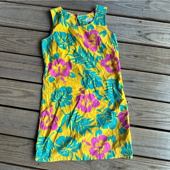 Vintage Blue Water Yellow Floral Dress Tropical Sleeveless Beach Vacation Mini S - Picture 3 of 15